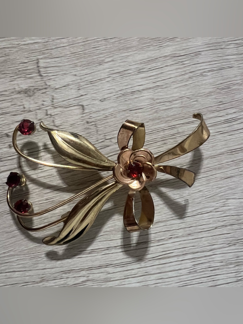 Vintage Harry Iskin Floral Spray Brooch – Gold Filled & Red Rhinestones